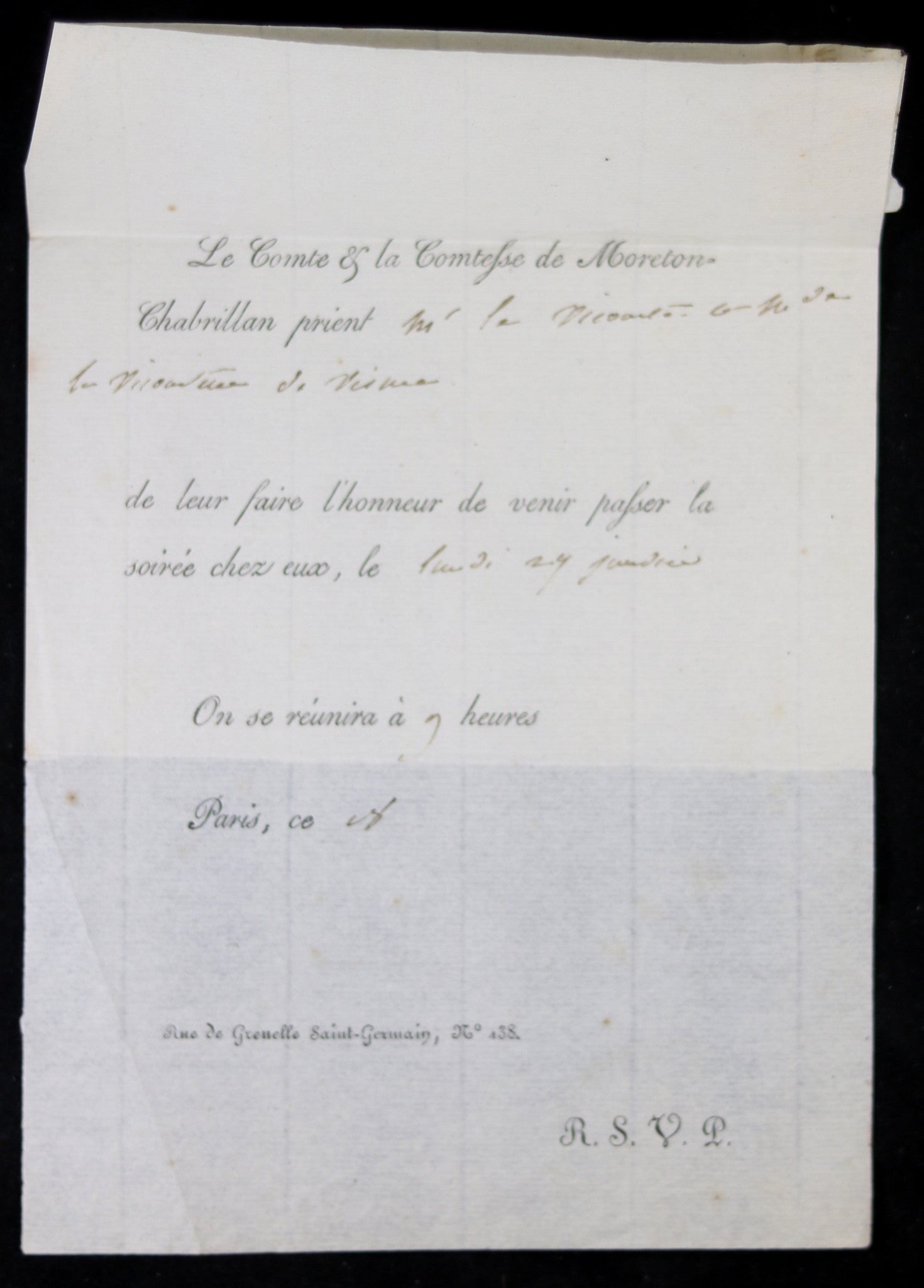 1844 invitation Vicomte et Vicomtesse Wismes à soirée