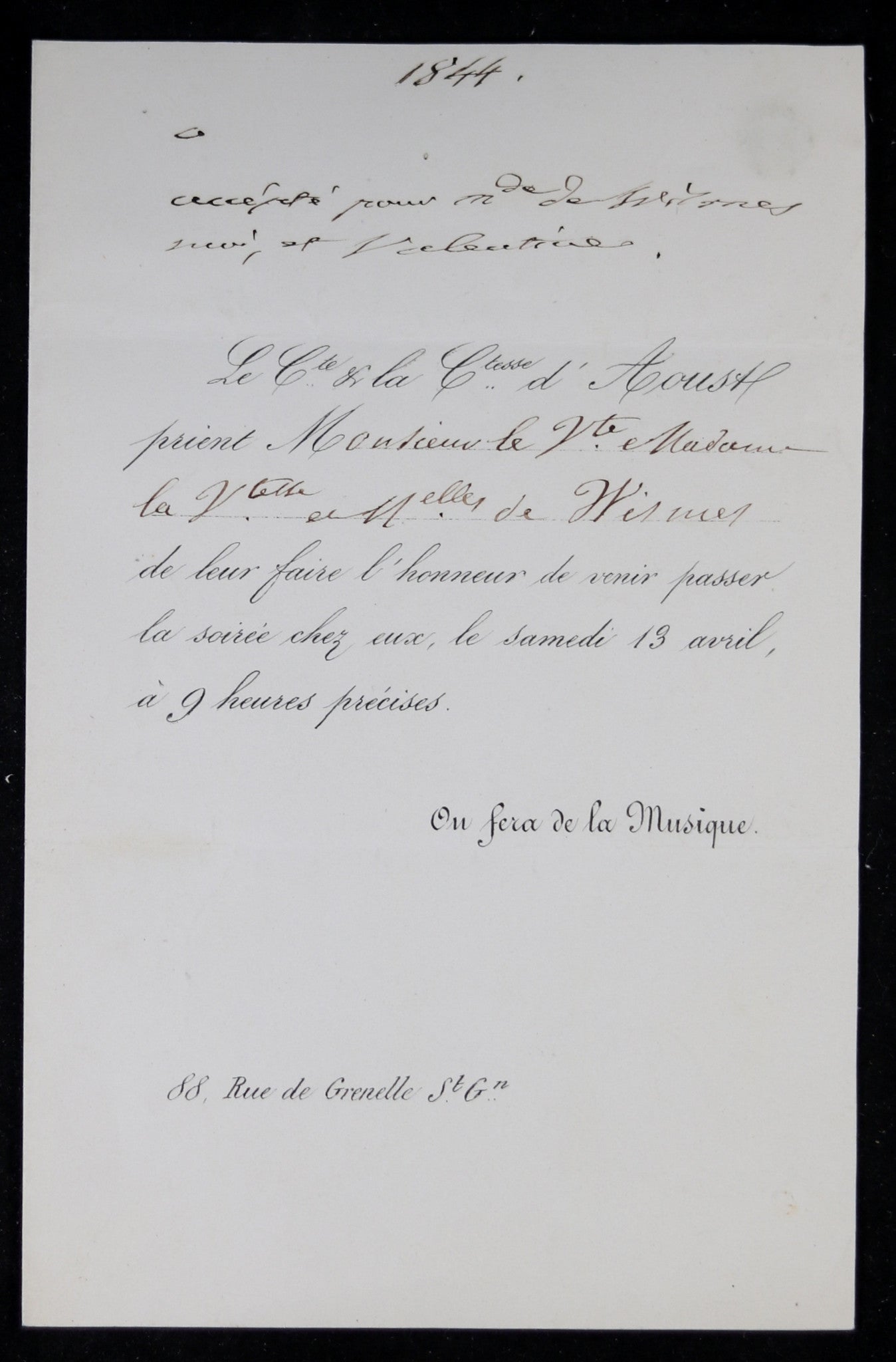 1844 invitation Vicomte et Vicomtesse Wismes à soirée dansante