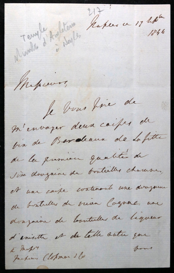 1844 letter Sir William Temple, British Minister Naples, wine order