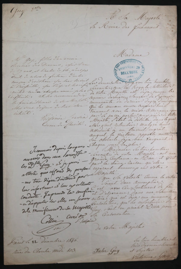1846 Paris demande de secours à Reine Marie-Amélie de Bourbon-Siciles