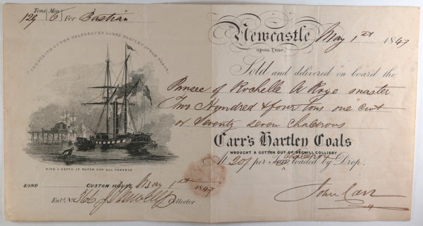 1847 Newcastle UK, illustrated ship manifest for Carr's Hartley Coals