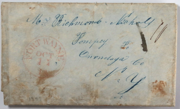 1847 USA family letter from Fort Wayne IN to Pompey NY