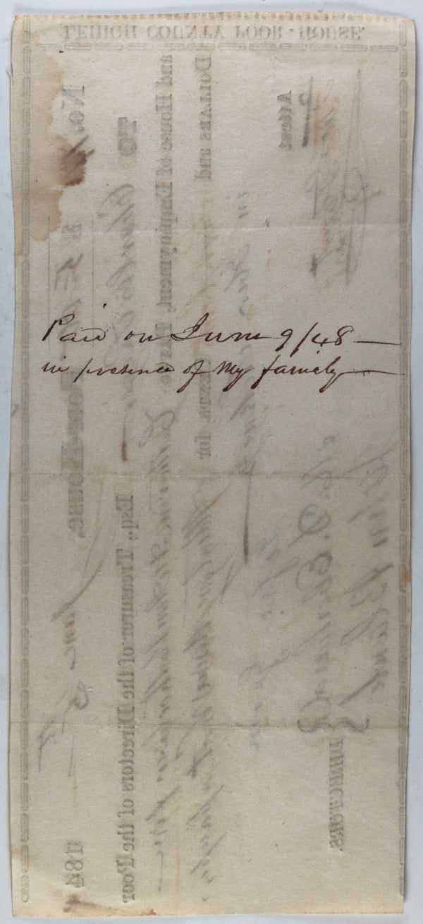 1848 Allentown PA Lehigh County Poor-House cheque for attending sick