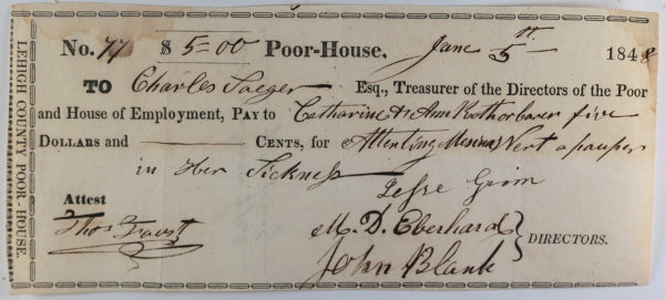 1848 Allentown PA Lehigh County Poor-House cheque for attending sick