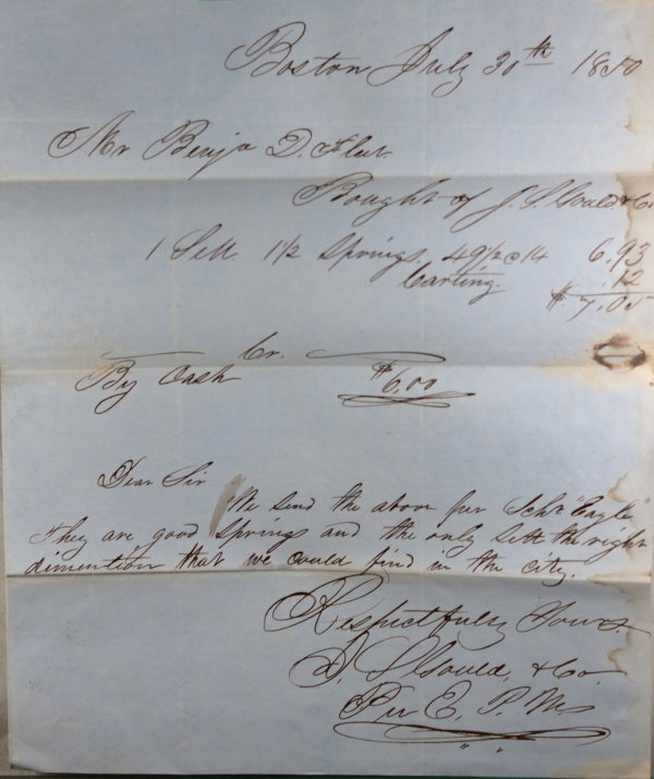 1850 Schooner letter Boston to Yarmouth N.S. re shipment springs