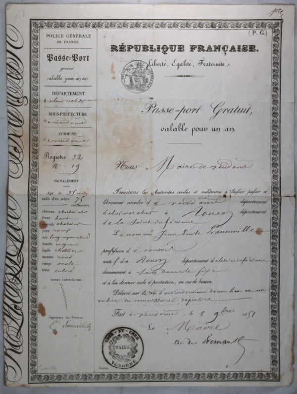 1851 passport pour un commis de Vendôme (Loir et Cher), aller à Rouen
