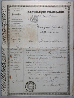 1851 passport pour un commis de Vendôme (Loir et Cher), aller à Rouen