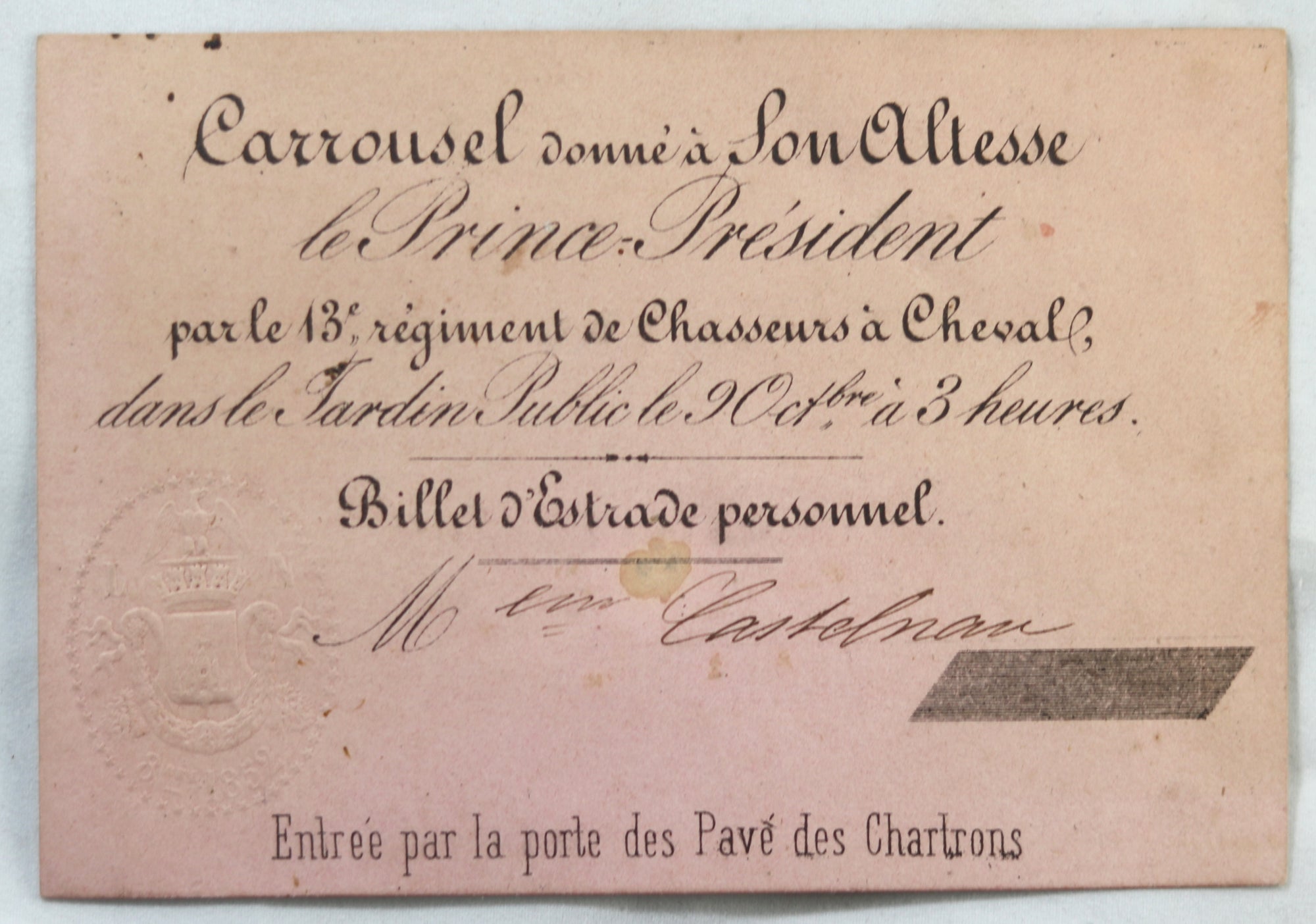 1852 billet d’estrade, carrousel pour Louis-Napoléon à Bordeaux