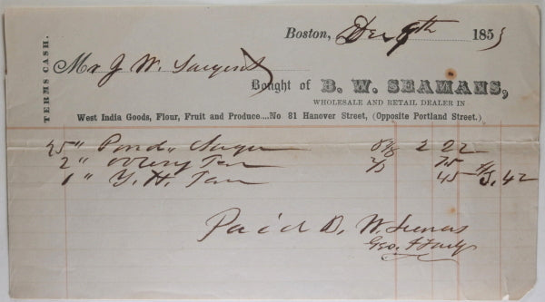 1853 Boston receipt from B.W. Seamans, wholesale and retail dealer