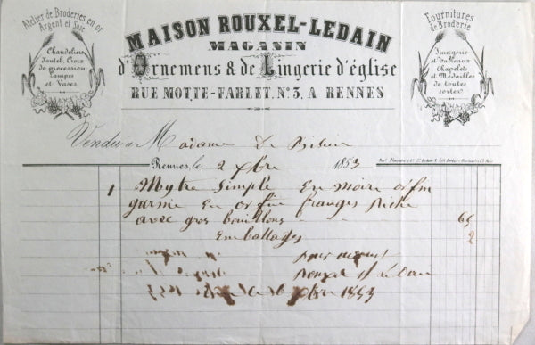 1853 France, quittance pour achat d'un mitre à Rennes