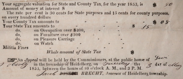 1853 tax bills for grocers Krall & Zerbe, township of Heidelberg PA