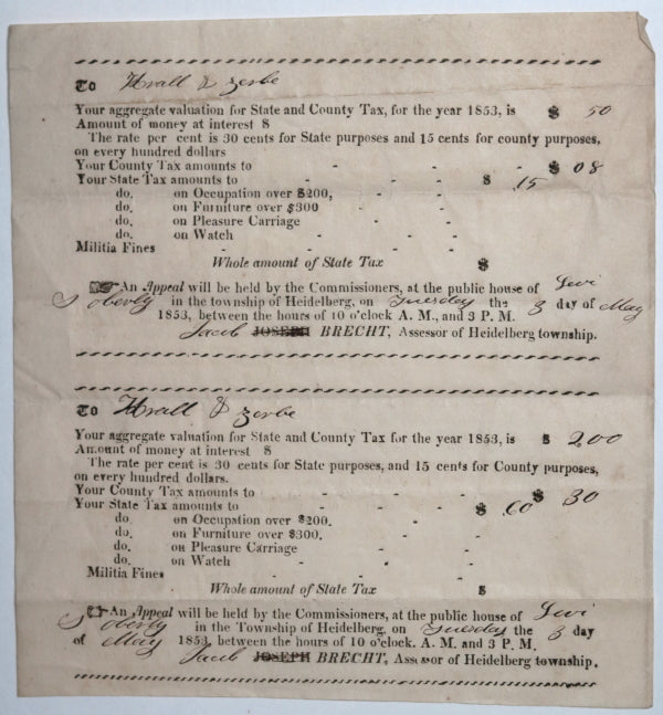 1853 tax bills for grocers Krall & Zerbe, township of Heidelberg PA