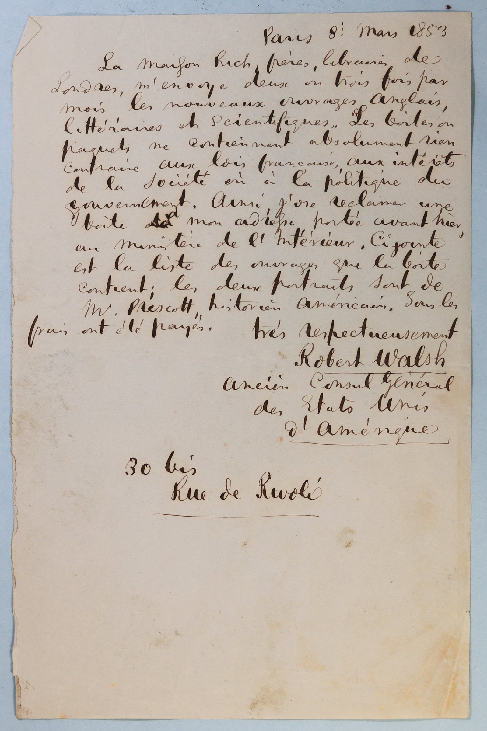 1853 two letters by Robert Walsh, former U.S. Consul General Paris