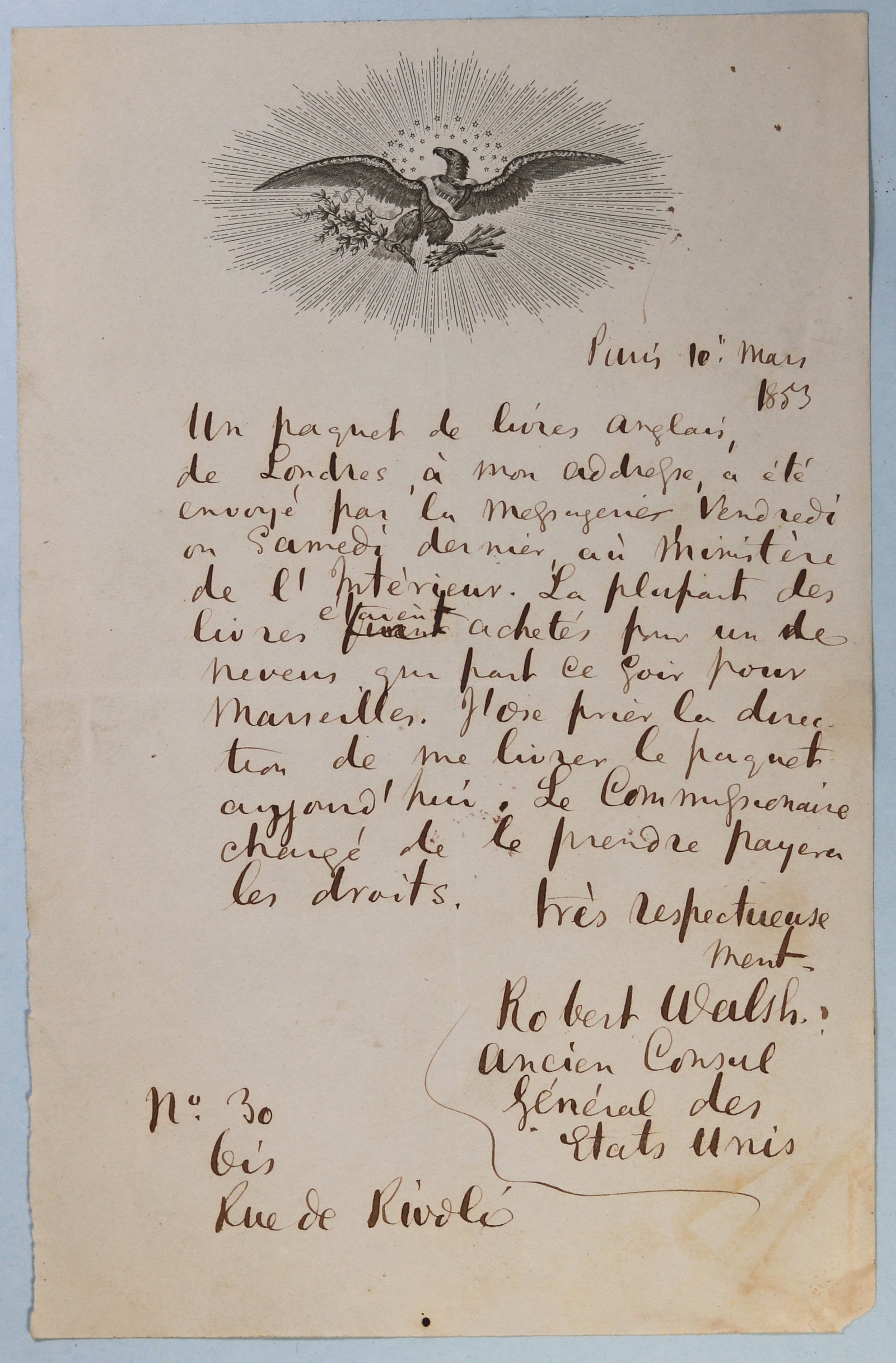 1853 two letters by Robert Walsh, former U.S. Consul General Paris
