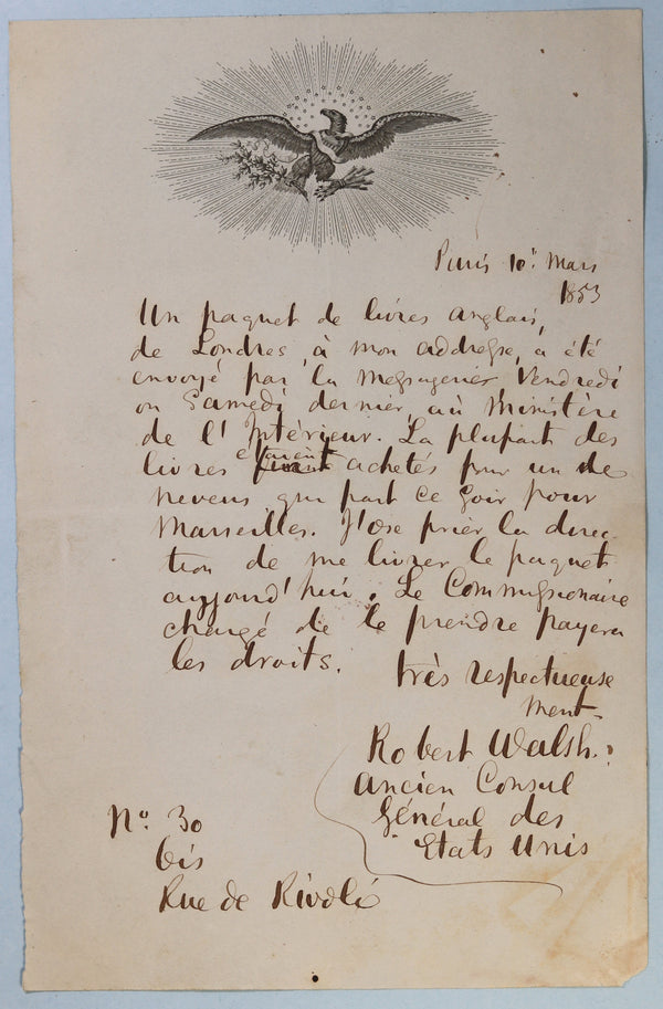 1853 two letters by Robert Walsh, former U.S. Consul General Paris
