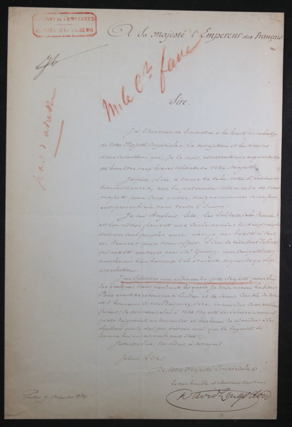 1854 inventeur anglais à l’Empereur Napoleon III, invention militaire