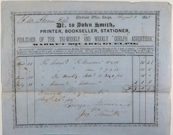 1855 Province of Canada, payment advertisements in 'Guelph Advertiser'