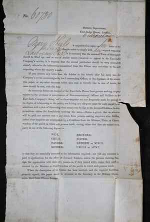 1855 UK London letter inquiry soldier serving with East-India Company