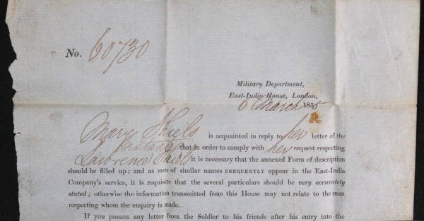 1855 UK London letter inquiry soldier serving with East-India Company