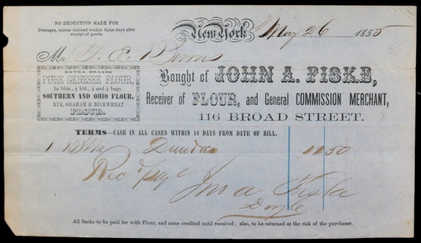1855 NYC receipt from John Fiske, Receiver of flour & Merchant