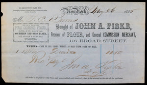 1855 NYC receipt from John Fiske, Receiver of flour & Merchant