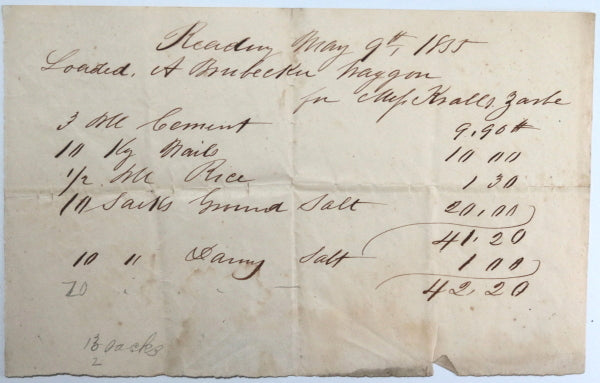 1855 loading bill for Krall & Zerbe grocers in Pennsylvania