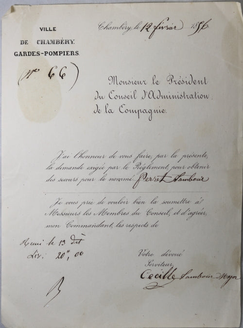 1856 lettre de demande des secours pour pompier, Chambéry France