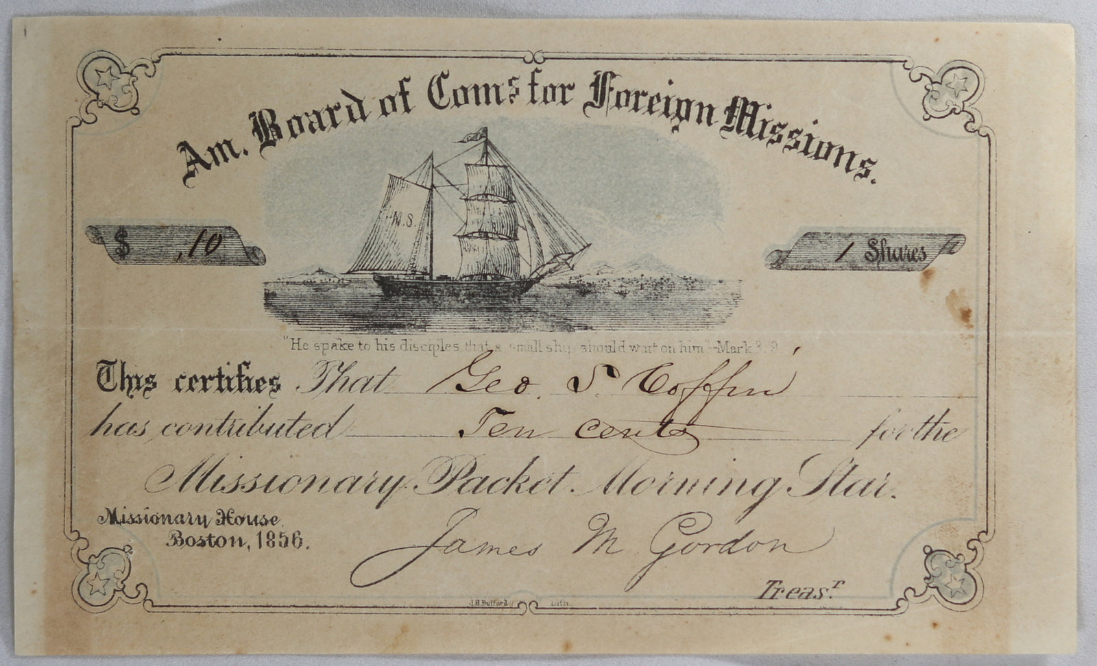 1856 share certificate for American Board of Commissions for Foreign Missions