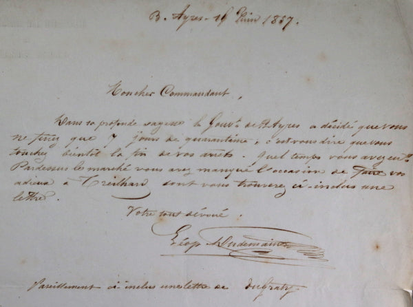 1857 Buenos Ayres lettre quarantine Lt. Mouchez, capitaine du Bisson 1857 Buenos Ayres lettre quarantine Lt. Mouchez, capitaine du Bisson