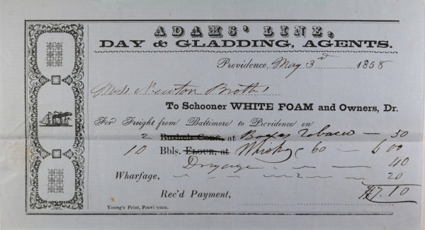 1858 shipping receipt Baltimore to Providence, whiskey & tobacco