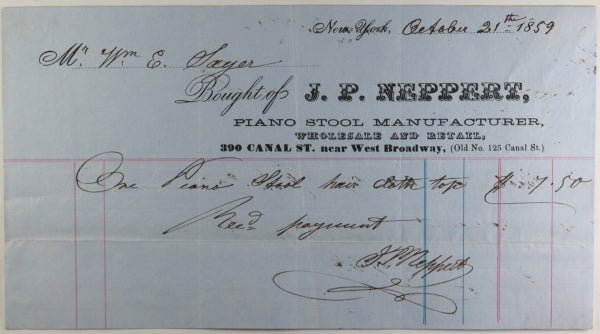 1859 NYC receipt for purchase of piano stool from J.P. Neppert