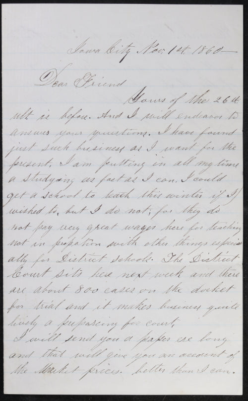 1860 Iowa pre-Civil War letter, talk of Lincoln election