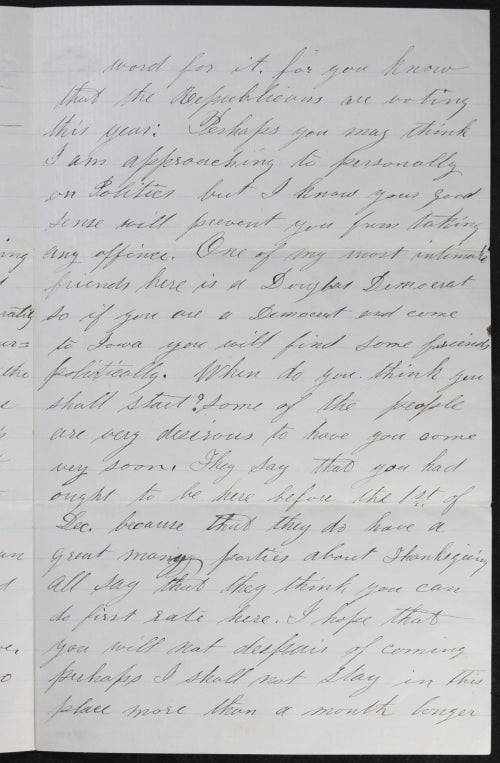 1860 Iowa pre-Civil War letter, talk of Lincoln election