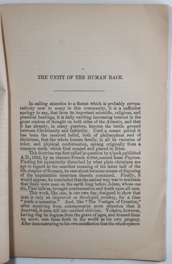1860 pamphlet ‘The Unity of the Human Race’ Belleville Canada 1860 pamphlet ‘The Unity of the Human Race’ Belleville Canada