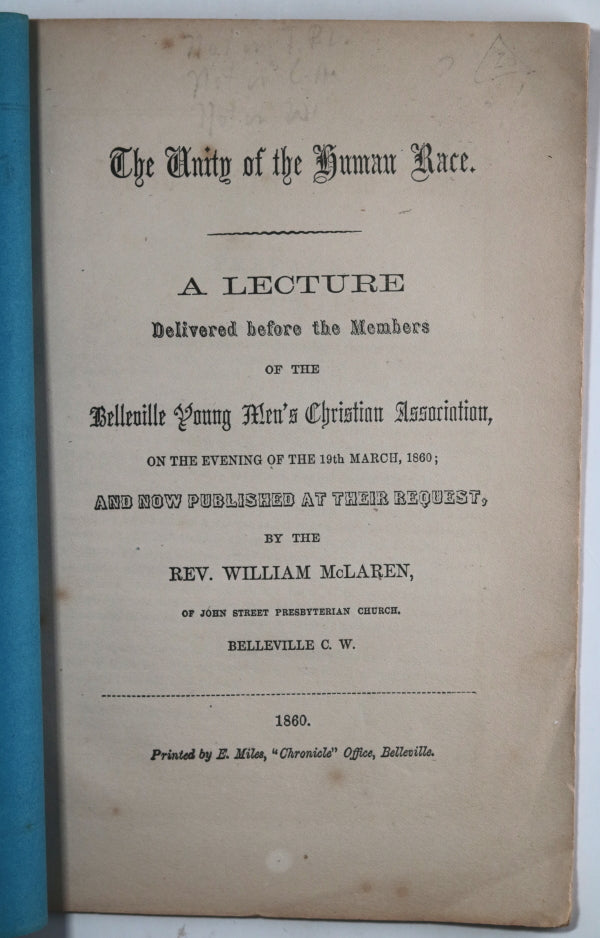 1860 pamphlet ‘The Unity of the Human Race’ Belleville Canada