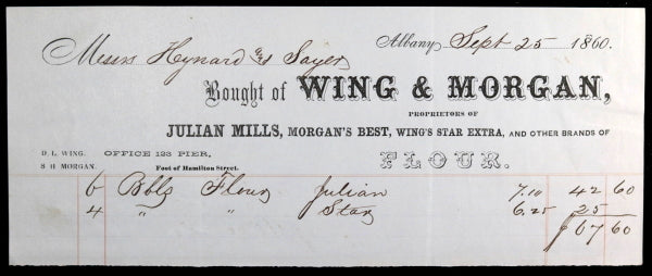 1860 two receipts flour wholesaler Wing & Morgan, Albany NY