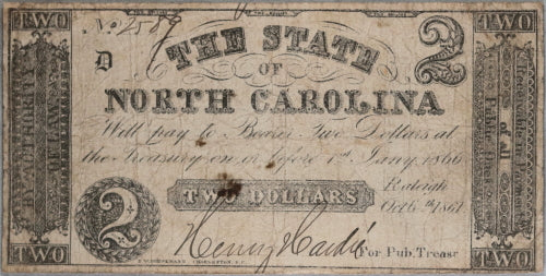 1861 Civil War, State of North Carolina $2 note October 6th 1861