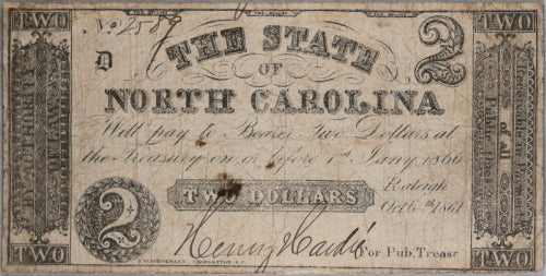 1861 Civil War, State of North Carolina $2 note October 6th 1861 1861 Civil War, State of North Carolina $2 note October 6th 1861
