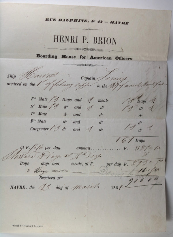 1861 Le Havre France bill for room & board, American ship Officers