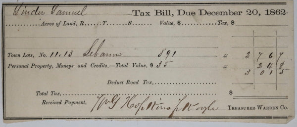 1862-69 set of fourteen (14) receipts for Tax payment, Warren Co. Ohio