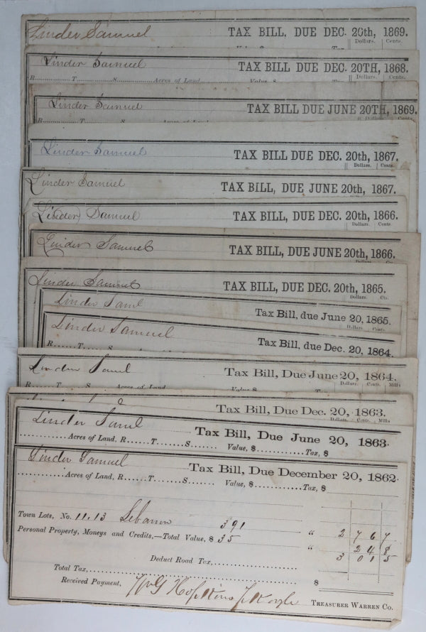 1862-69 set of fourteen (14) receipts for Tax payment, Warren Co. Ohio