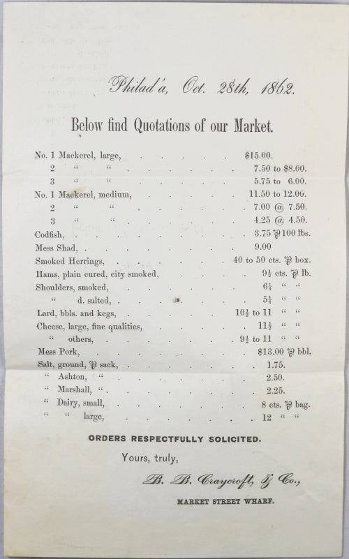 1862 Civil War Philadelphia, printed circular, prices for provisions