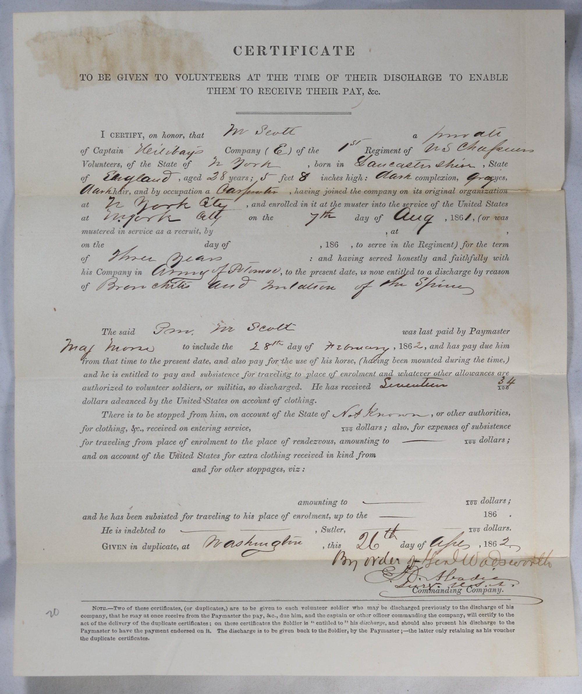1862 discharge papers, Private 65th NY Volunteers (1st US Chasseurs)
