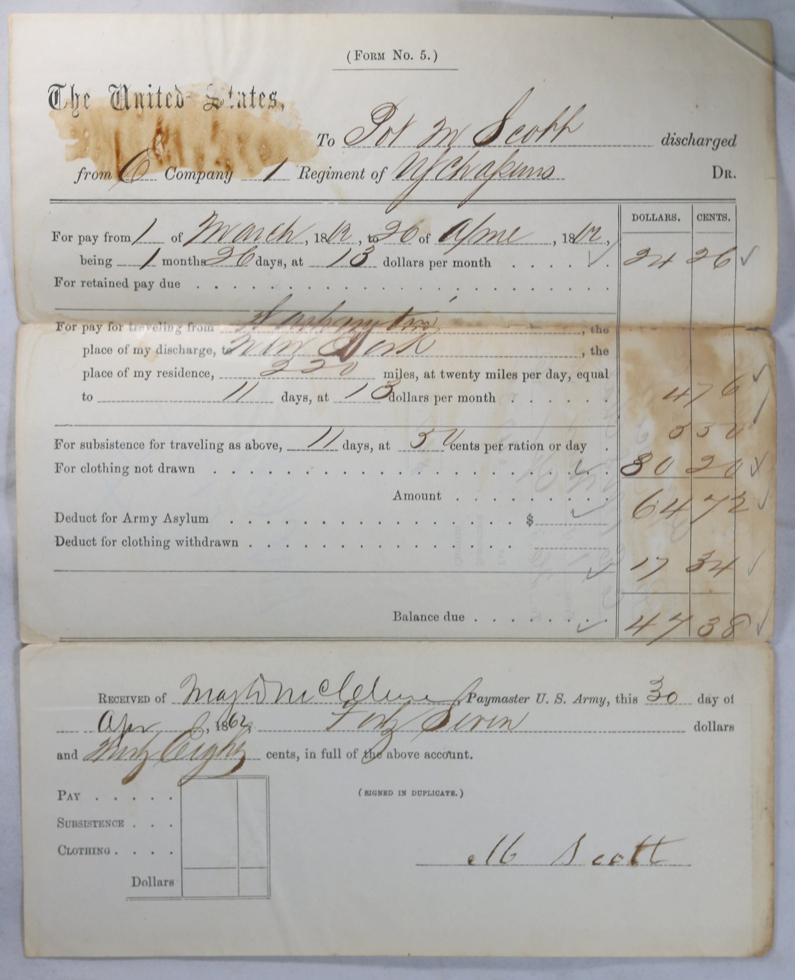 1862 discharge papers, Private 65th NY Volunteers (1st US Chasseurs)