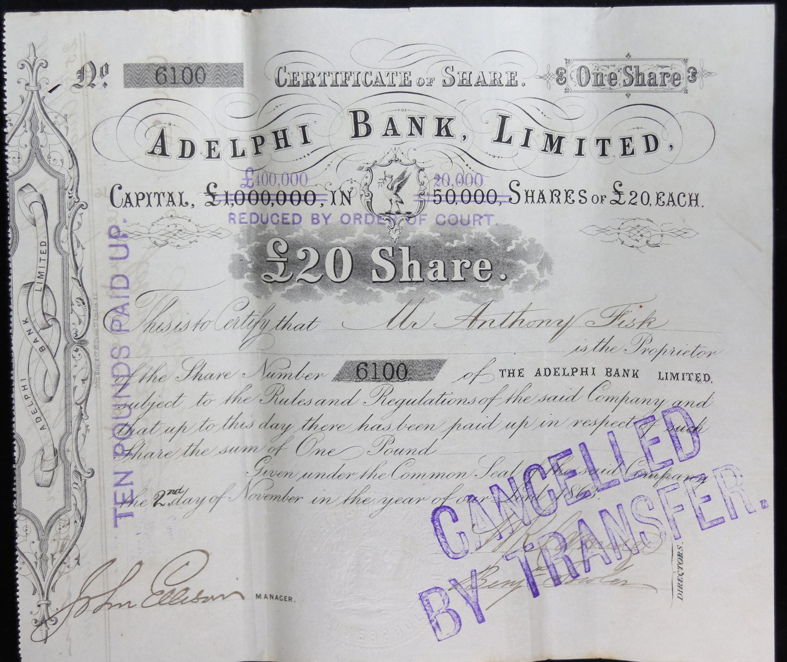 1863 Adelphi Bank Ltd (UK) - Certificate of One Share