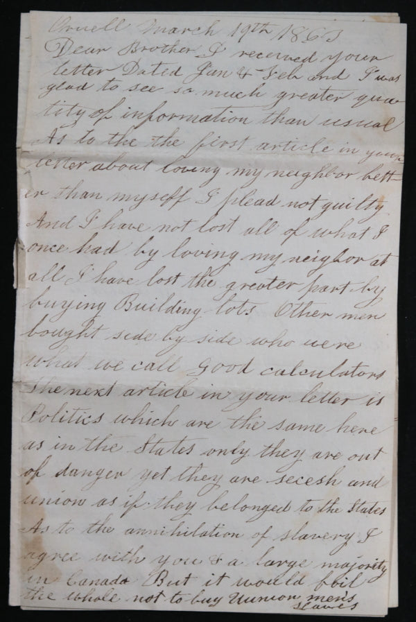 1863 Canada West, letter from farmer to brother in Union Army (Ohio)