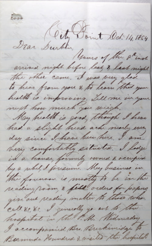 1864 Civil War Union chaplain letter, City Point VA.
