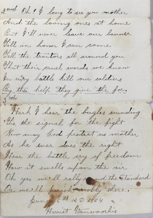 1864 Civil War handwritten song lyrics to “Just Before the Battle”