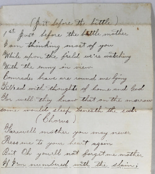 1864 Civil War handwritten song lyrics to “Just Before the Battle”