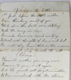 1864 Civil War handwritten song lyrics to “Just Before the Battle”